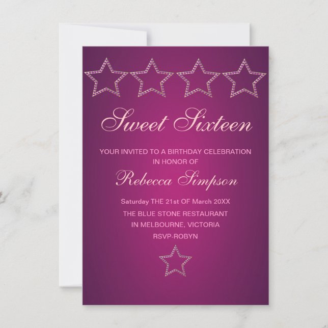 Pink Jewel Star Sweet 16 Birthday Invite (Front)
