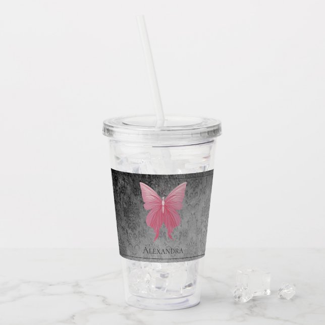 Pink Jeweled Butterfly Acrylic Tumbler (Front Ice)