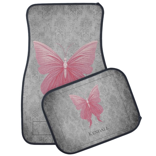 Pink Jeweled Butterfly Car Floor Mat (Set)