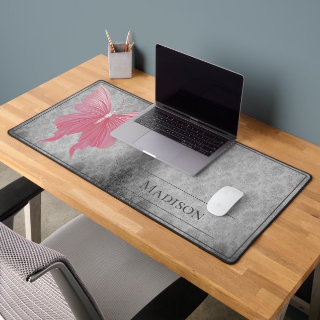 Pink Jeweled Butterfly Damask Desk Mat (Office 2)