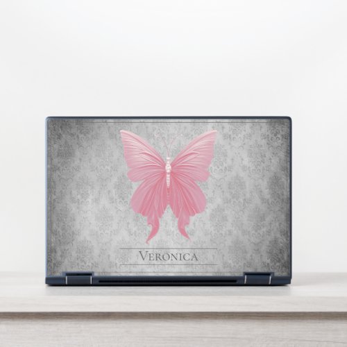 Pink Jeweled Butterfly Damask HP Laptop Skin