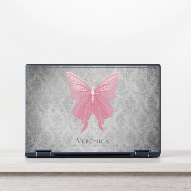 Pink Jeweled Butterfly Damask HP Laptop Skin (Front)