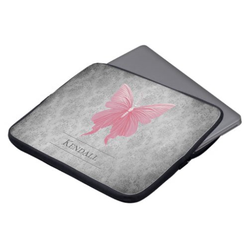 Pink Jeweled Butterfly Damask Laptop Sleeve