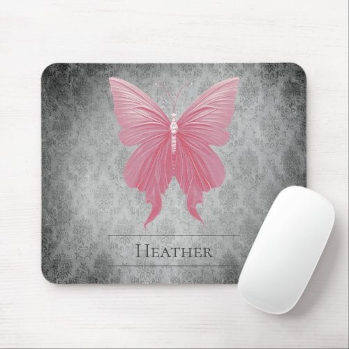 Pink Jeweled Butterfly Damask Mouse Pad