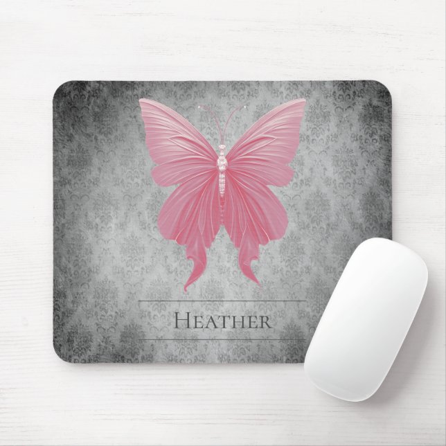 Pink Jeweled Butterfly Damask Mouse Pad (With Mouse)