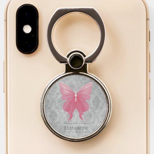 Pink Jeweled Butterfly Damask Phone Ring Stand