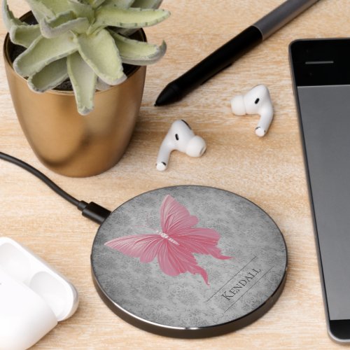 Pink Jeweled Butterfly Damask Wireless Charger