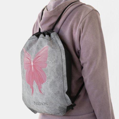 Pink Jeweled Butterfly Drawstring Bag