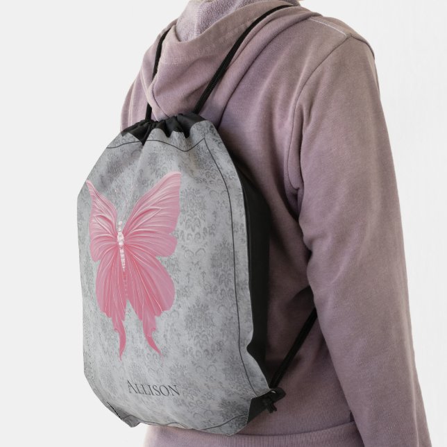 Pink Jeweled Butterfly Drawstring Bag (Insitu)