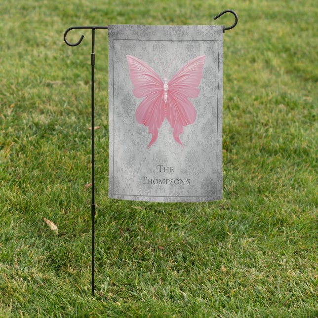 Pink Jeweled Butterfly Garden Flag (In SItu)