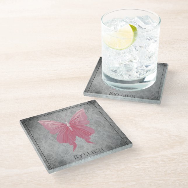 Pink Jeweled Butterfly Glass Coaster (Angled)