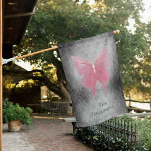 Pink Jeweled Butterfly House Flag