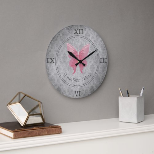 Pink Jeweled Butterfly Large Clock