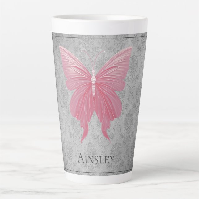 Pink Jeweled Butterfly Latte Mug (Front)