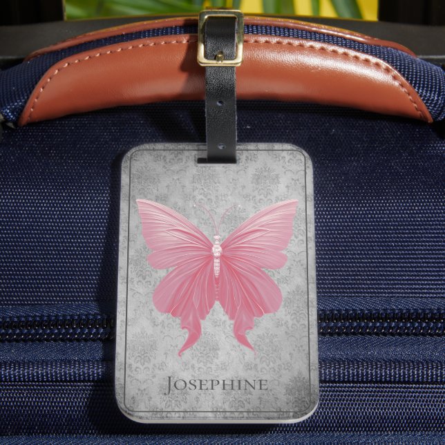 Pink Jeweled Butterfly Luggage Tag (Front Insitu 2)