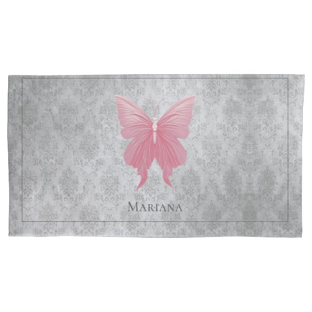 Pink Jeweled Butterfly Pillow Case (Front)