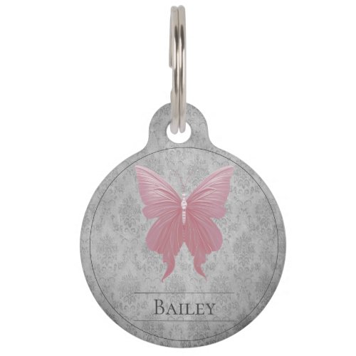 Pink Jeweled Butterfly Round Pet Tag