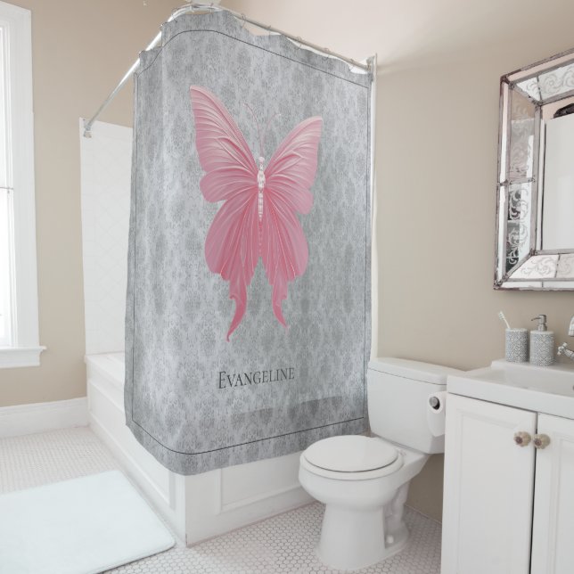 Pink Jeweled Butterfly Shower Curtain (In Situ)