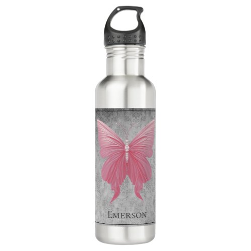 Pink Jeweled Butterfly Stainless Steel Water Bottle
