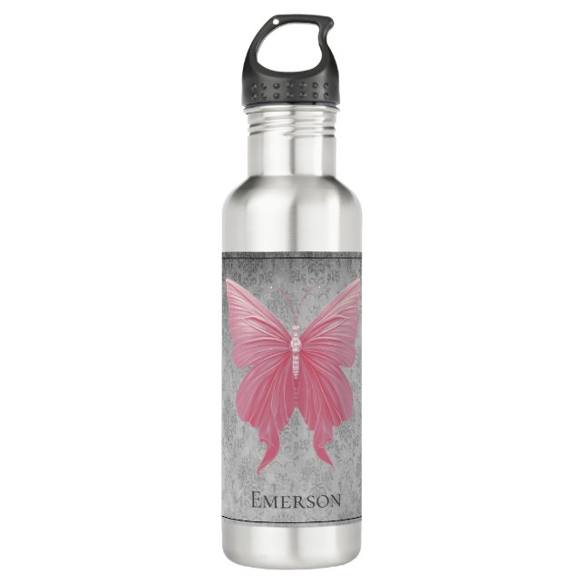 Pink Jeweled Butterfly Stainless Steel Water Bottle (Front)