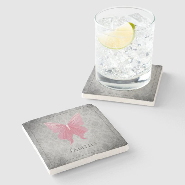 Pink Jeweled Butterfly Stone Coaster (Side)