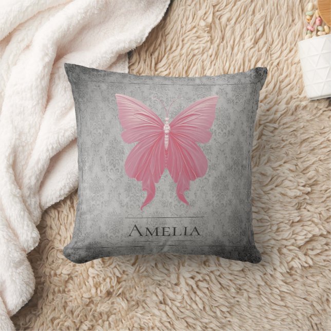 Pink Jeweled Butterfly Throw Pillow (Blanket)