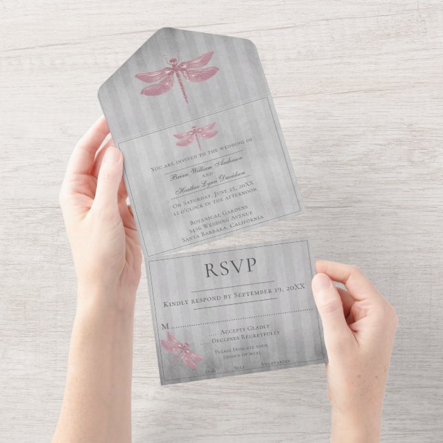 Pink Jeweled Dragonfly Wedding All In One Invitation (Tearaway)