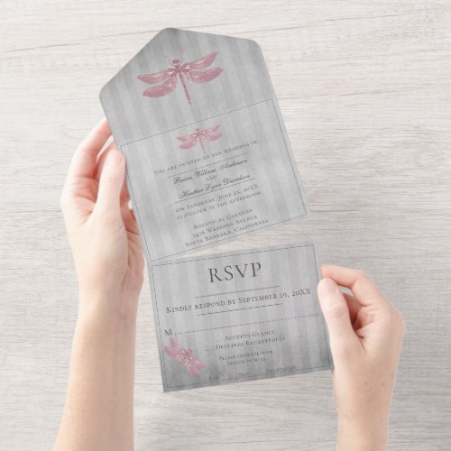 Pink Jeweled Dragonfly Wedding All In One Invitation