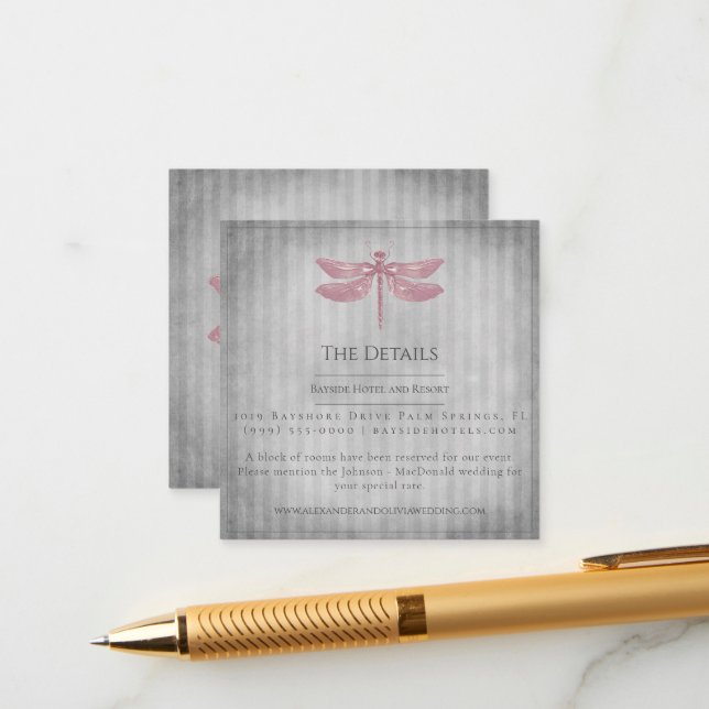 Pink Jeweled Dragonfly Wedding Enclosure Card (Front/Back In Situ)