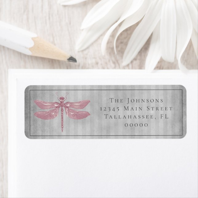 Pink Jeweled Dragonfly Wedding Label (Insitu)