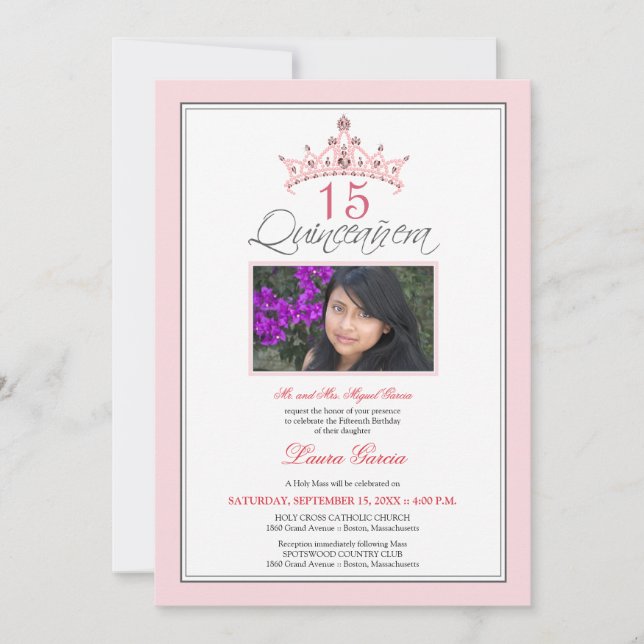 Pink Jeweled Tiara Quinceanera Invitation (pink) (Front)