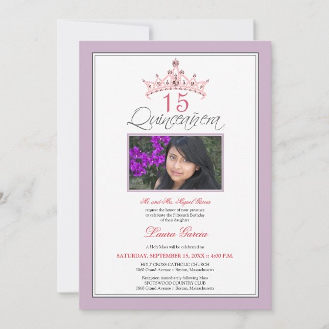 Pink Jeweled Tiara Quinceanera Invitation (purple) (Front)