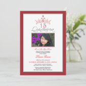 Pink Jeweled Tiara Quinceanera Invitation (red) (Standing Front)