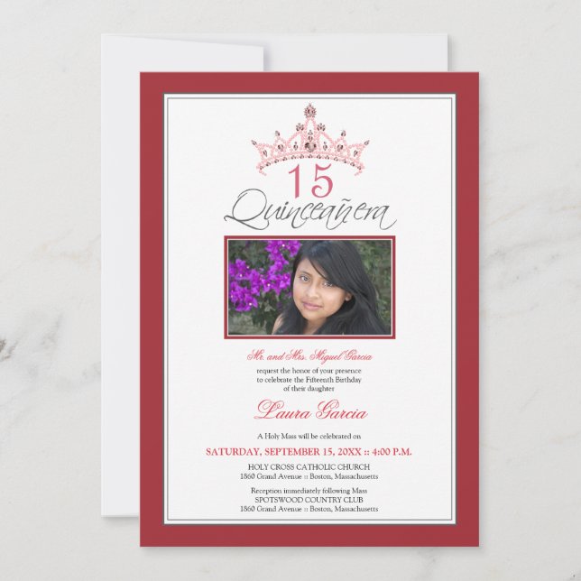 Pink Jeweled Tiara Quinceanera Invitation (red) (Front)