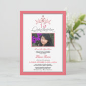 Pink Jeweled Tiara Quinceanera Invitation (rose) (Standing Front)