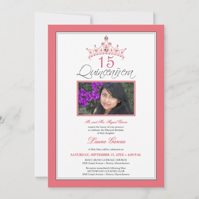 Pink Jeweled Tiara Quinceanera Invitation (rose) (Front)