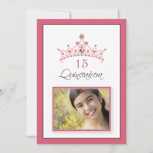 Pink Jeweled Tiara Quinceanera Invitation (rose) (Front)