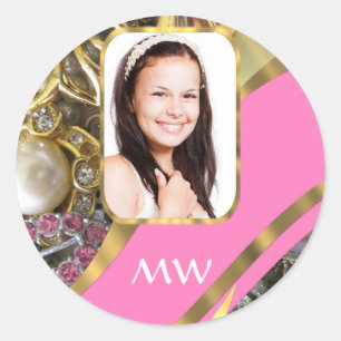 Pink jewelry personalized background classic round sticker