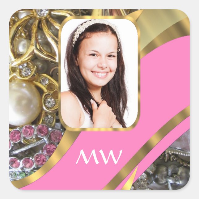Pink jewelry personalized background square sticker (Front)