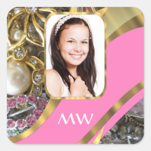 Pink jewelry personalized background square sticker