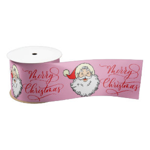 Pink Jolly Santa Claus  Vintage Merry Christmas  Satin Ribbon