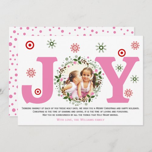 Pink Joy and Christmas floral wreath photo Holiday Card