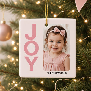 Pink JOY Personalized Girl Photo Christmas Ceramic Ornament