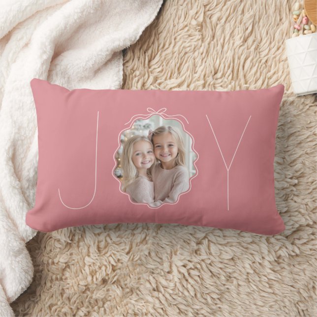 Pink JOY Simple Bow Wavy Photo Christmas Lumbar Pillow (Blanket)