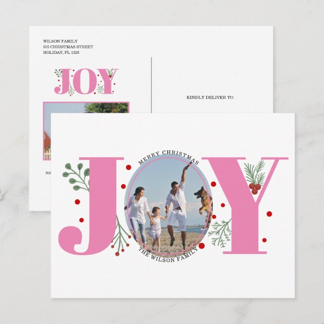 Pink Joy with berries Christmas holiday photo Postcard (Front/Back)