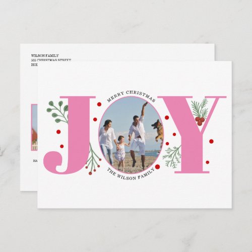 Pink Joy with berries Christmas holiday photo Postcard