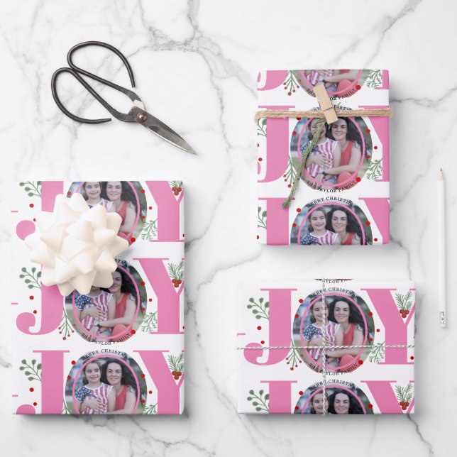 Pink Joy with berries Christmas holiday photo Wrapping Paper Sheets (Front)