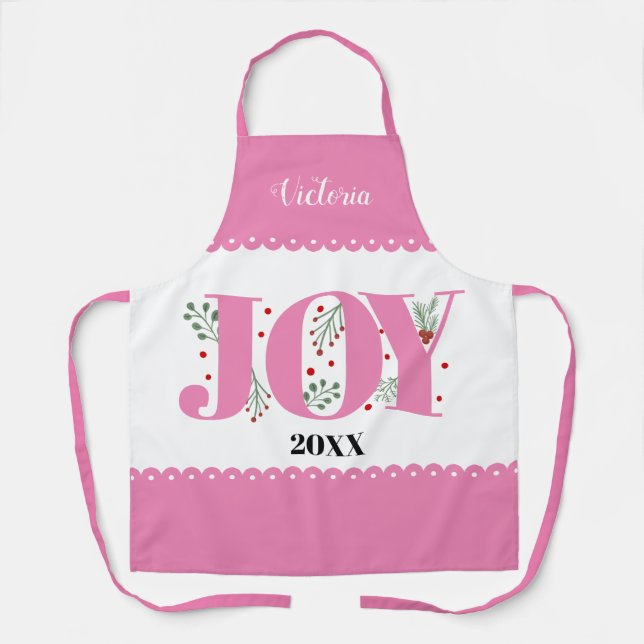 Pink Joy with berries Christmas photo Apron (Front)
