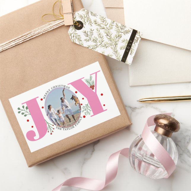 Pink Joy with berries Christmas photo Rectangular Sticker (Gifting)