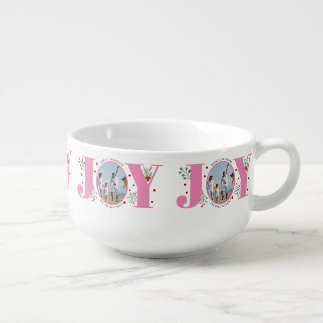 Pink Joy with berries Christmas photo Soup Mug (Left)